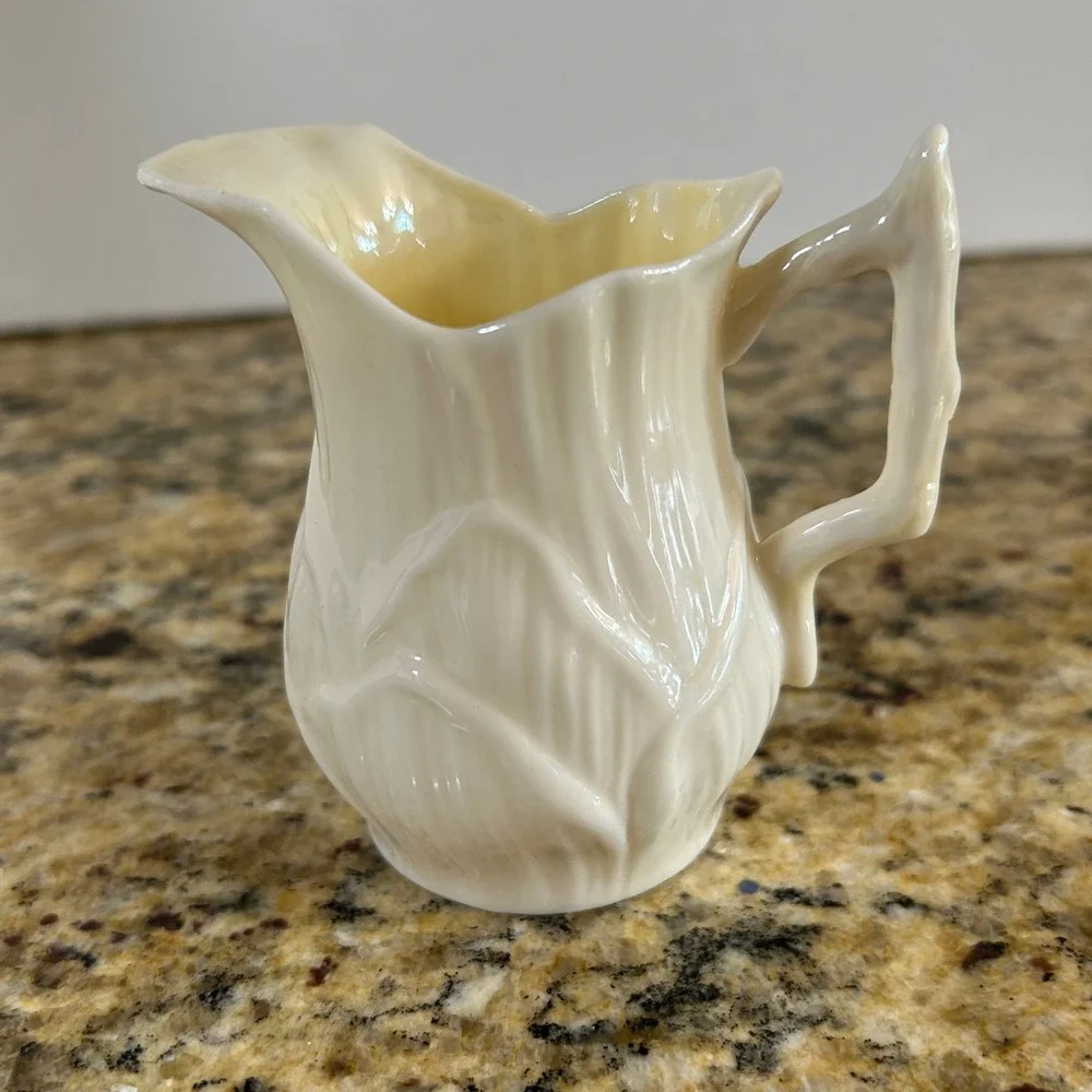 Belleek Shamrock Creamer 3.5in Ivory Basketweave Parian China Green Mark
